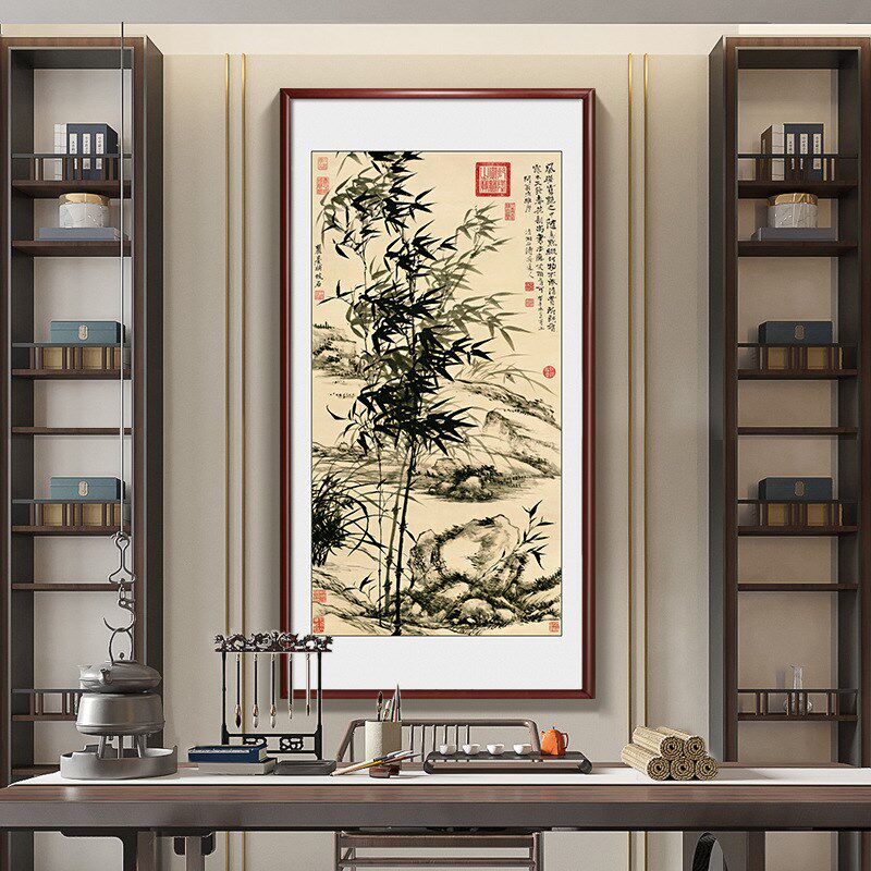 竹报平安挂画竹子图中国风玄关画竖版走廊过道壁画办公室装饰墙画