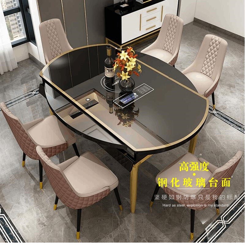 轻奢后现代黑白色烤漆圆形可折叠不锈钢镀金N餐桌伸缩餐台餐厅饭