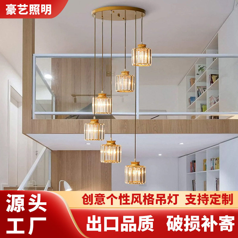 现代轻奢水晶吊灯LED长吊灯复式楼楼梯灯别墅客厅展厅酒店灯饰