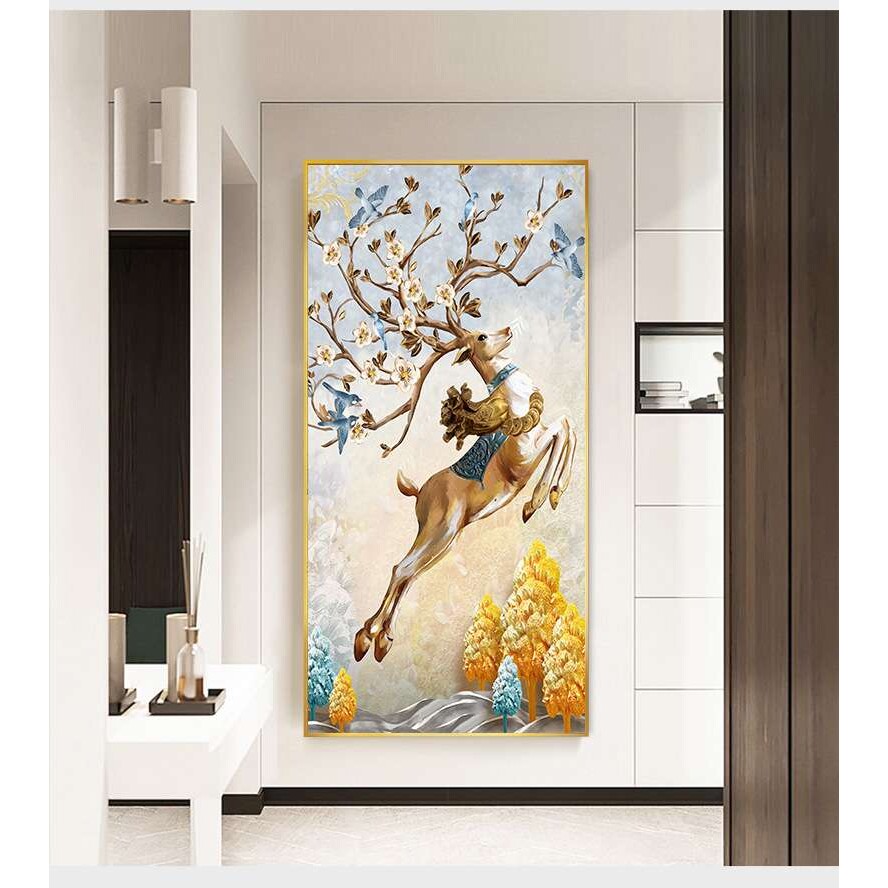 玄关装饰画新中式现代轻奢壁画入户过道竖版餐厅晶瓷门厅镶钻挂画