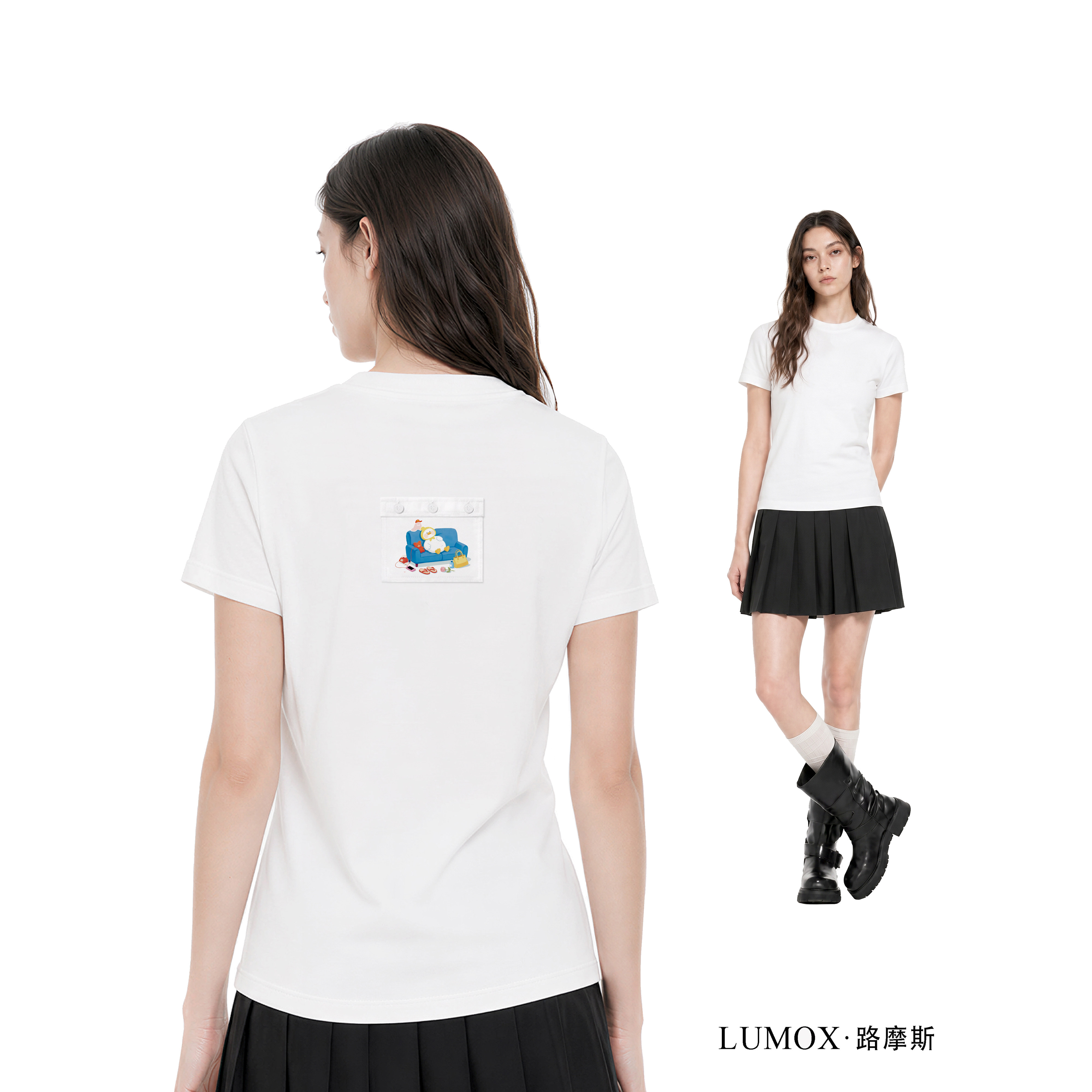 LUMOX路摩斯短袖可拆卸布贴圆领T恤棉白色休闲日常通勤女装上衣