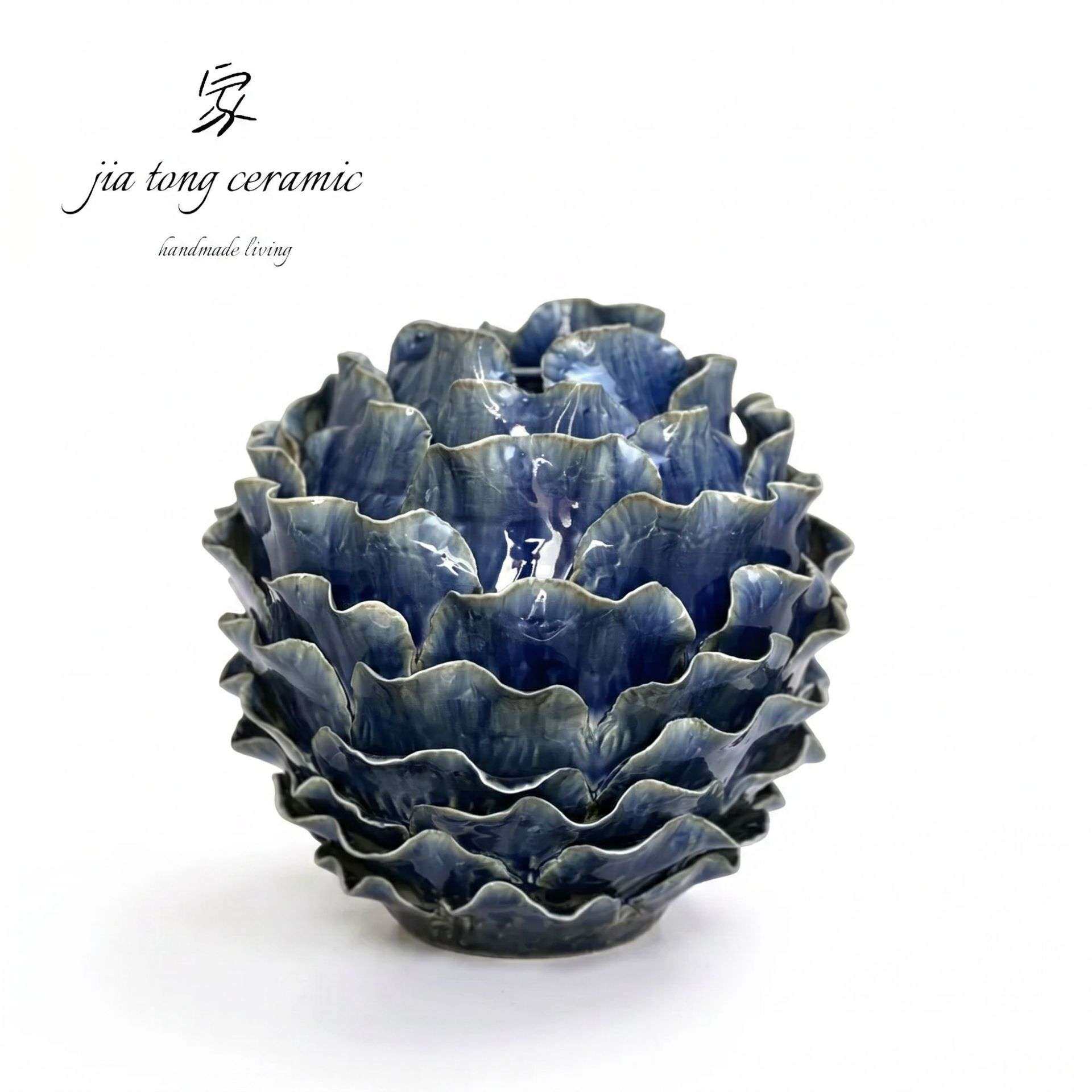 手工陶瓷莲花造型装饰品蓝色荷叶边纹理摆件工艺品