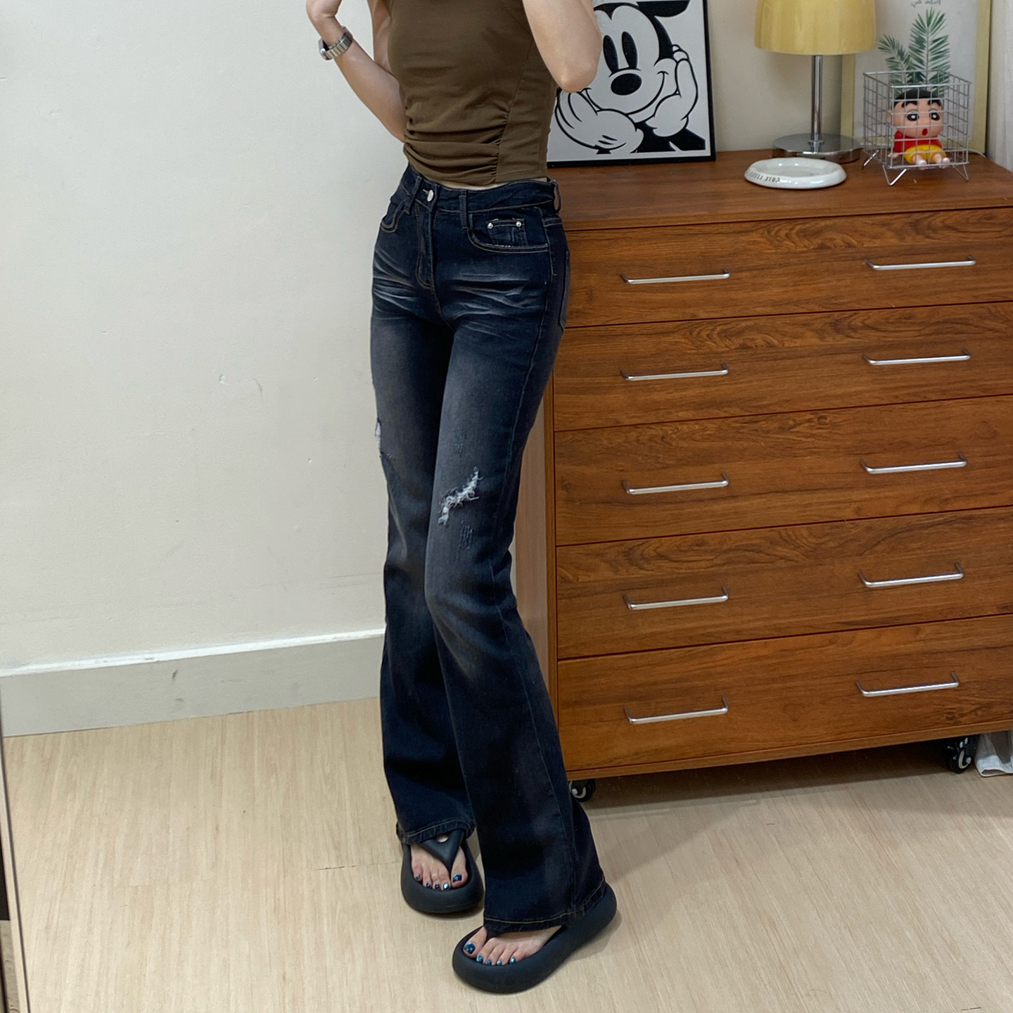 低腰微喇中古黑牛仔裤女士2026新款小个子春夏季薄款百搭修身显瘦