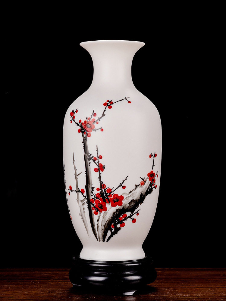 羊脂玉陶瓷手绘迎春祥福瓶摆件客厅插花中式家居古典装饰品
