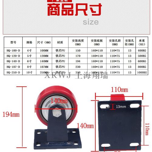 6寸定向轮/140MM超重型设备脚轮/铁芯PUI工业轮/载重600KG固定轮