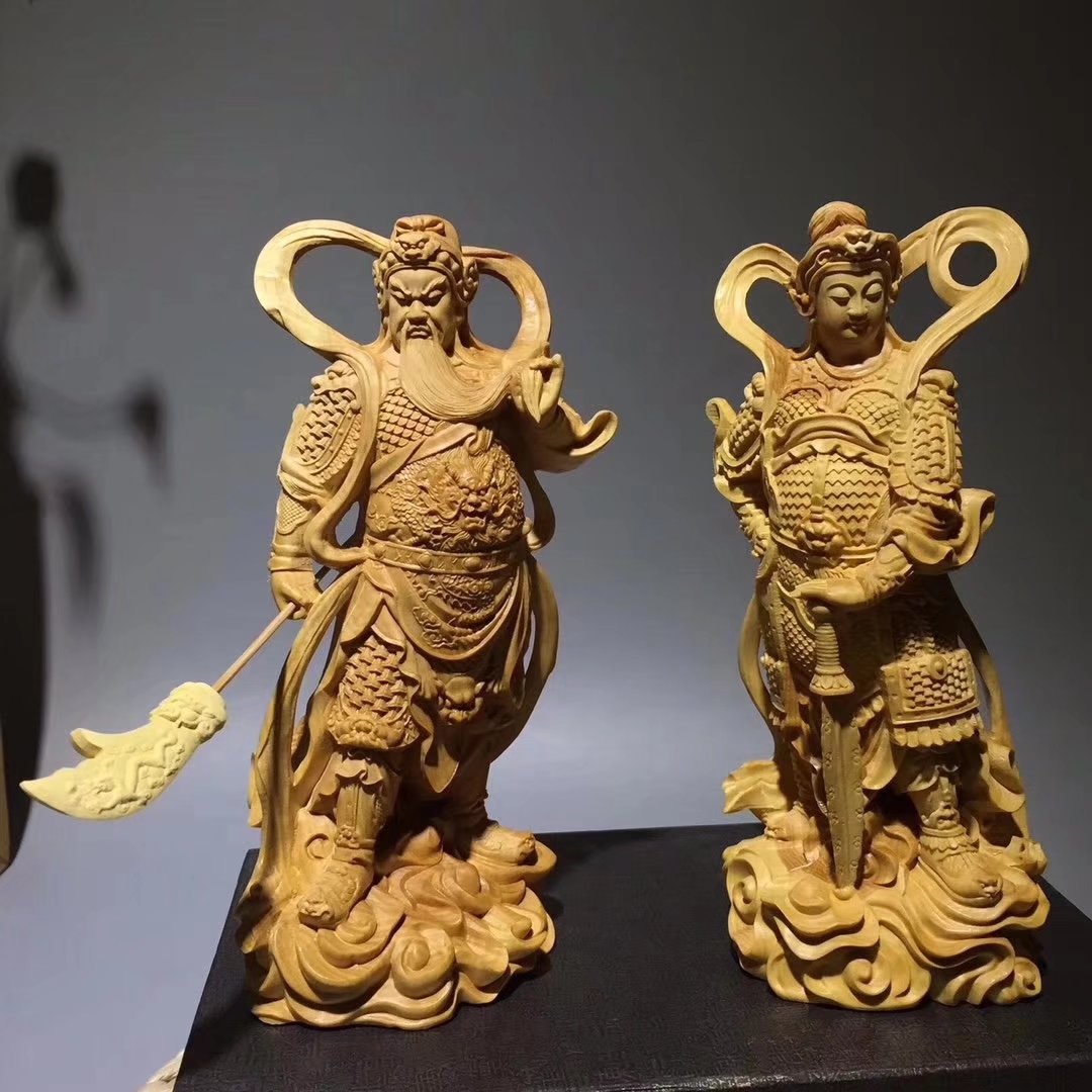 批发黄杨木雕左右护法木质神像韦陀尊者关公伽蓝菩萨门神摆件