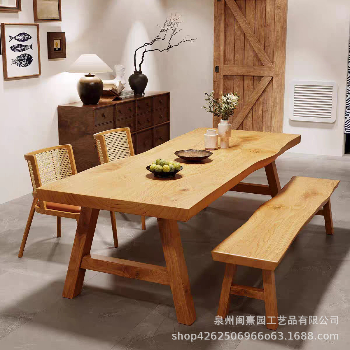 原木风实木接待长桌子日式客厅餐书桌一体写字台原木大板茶桌茶台