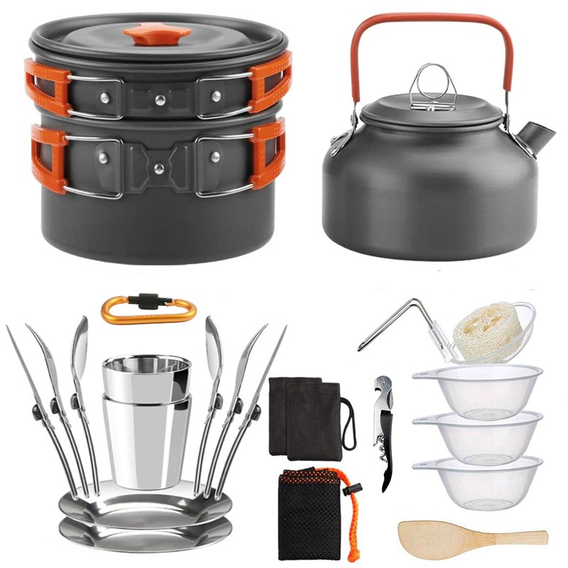 户外用品 热销2-3q人户外茶壶套锅组合野营折叠锅具炊具套装