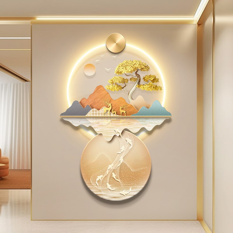 现代轻奢玄关装饰画山水画发财树走廊过道挂画背有靠山高级感壁饰