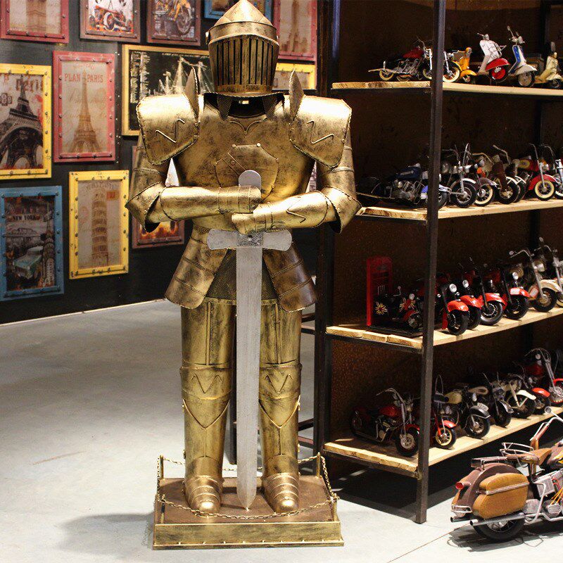 复古铁艺盔甲人摆件 武士铠甲骑士模型 酒吧家居装饰品 勇士模型