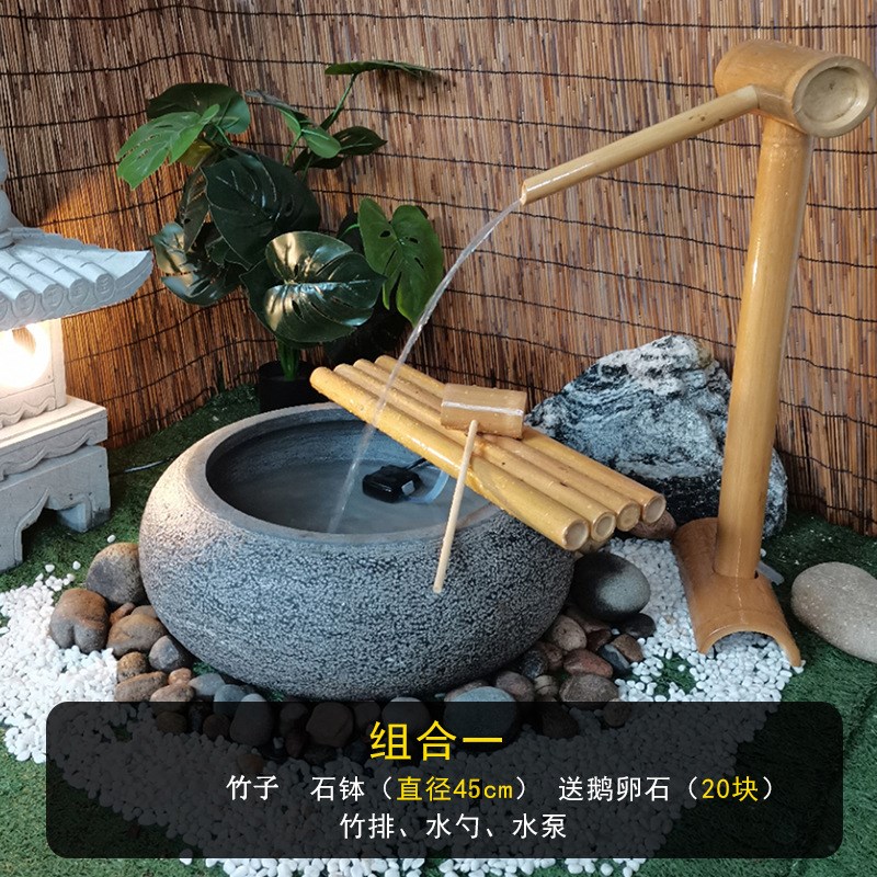石钵日式流水惊鹿竹子青石石盆水钵花园庭院别墅水景装饰石雕摆件