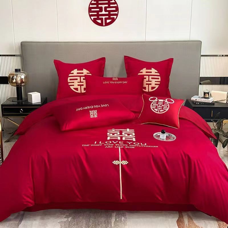 婚庆四件套大红色结婚陪嫁中式喜庆新婚房喜被套件床上用品厂