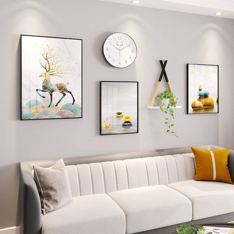 新中式客厅3框晶瓷装饰画置物架组合发财鹿挂画卧室墙上画框饰品