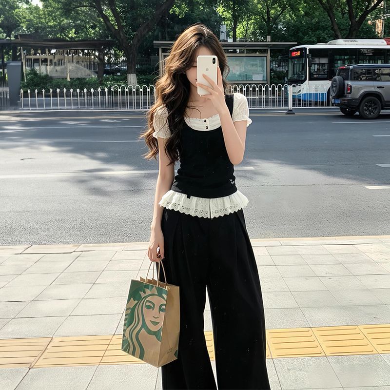 甜酷少女假两件泡泡袖上