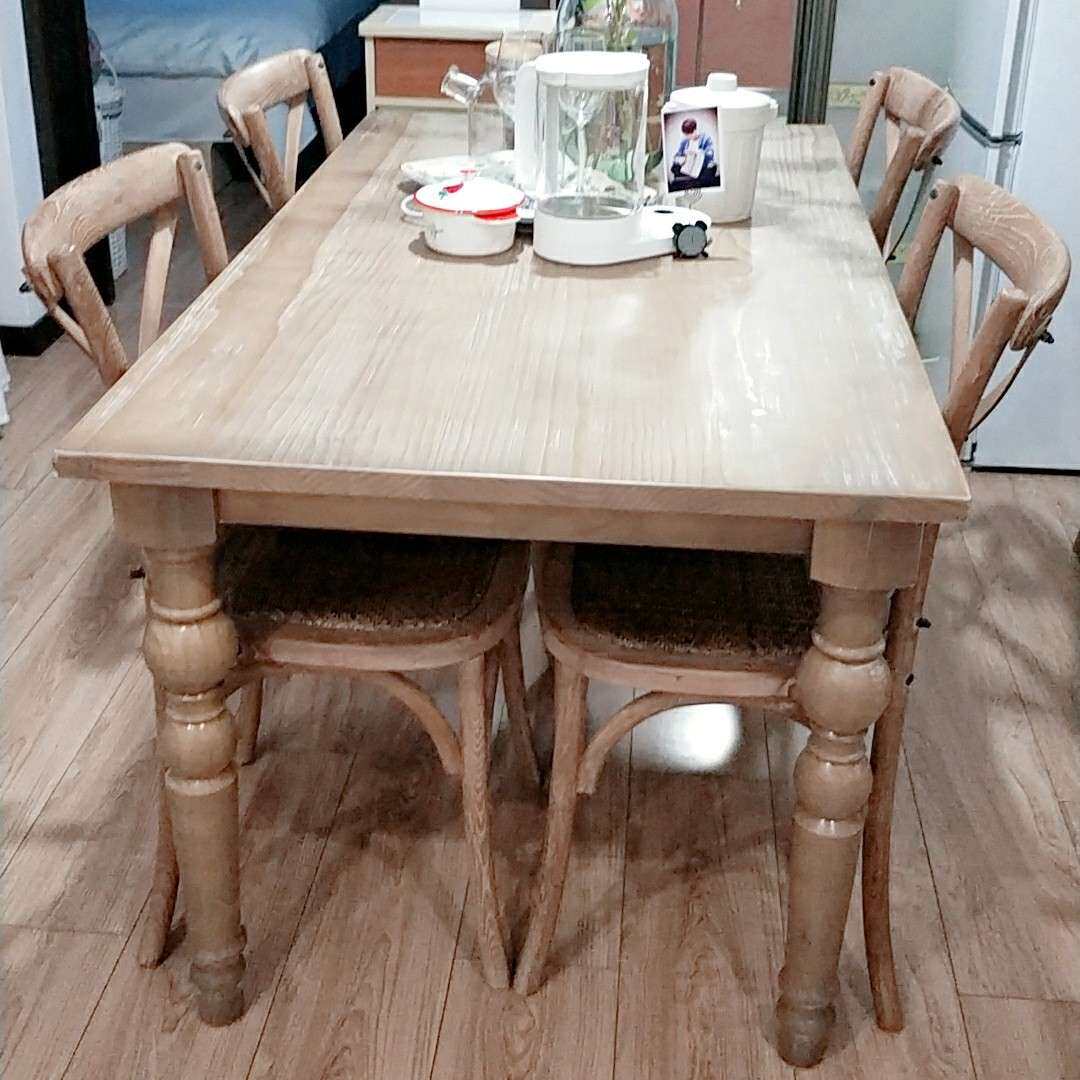 欧式美式餐桌组合实木桌子复古做旧拉丝松木餐桌法式餐厅简长方桌