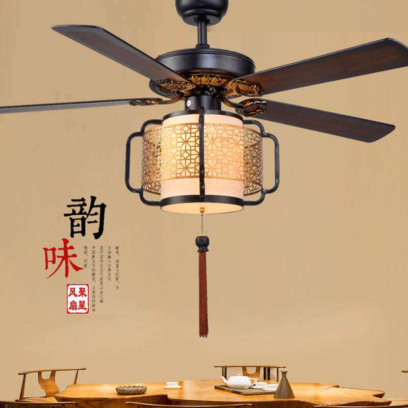 新中式吊扇灯 LED36W变光餐厅风扇灯客厅卧室电风扇灯木叶吊扇