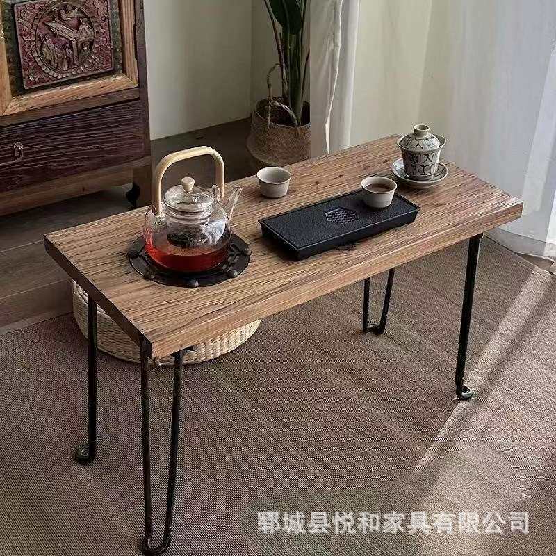 老榆木围炉煮茶桌铁艺可折叠长方形禅意喝茶围炉桌家用户外烧烤桌