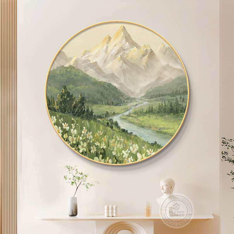 聚宝盆入户玄关装饰画日照金山圆形壁画山水风景客厅走廊过道挂画
