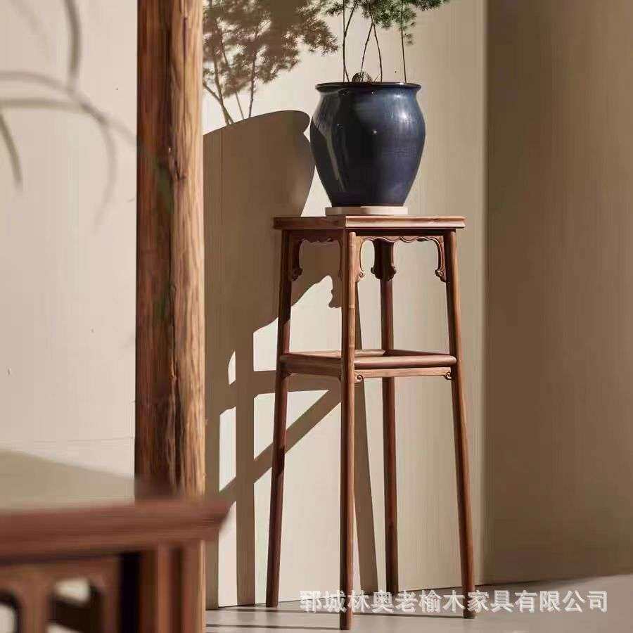 老榆木花架室内置物架中式落地花几家用阳台客厅盆景架实木盆栽架