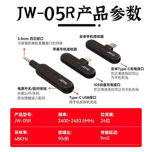 JOYO卓乐JW-05R无线音频直播器内录声卡2.4G双平台接口即插即用