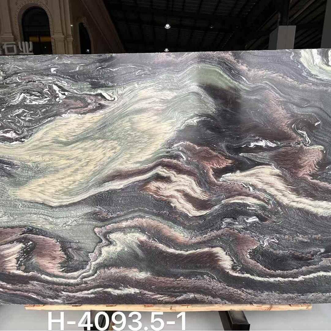 紫山水天然大理石轻奢洗手岛台餐桌异形石材台面奢石大板