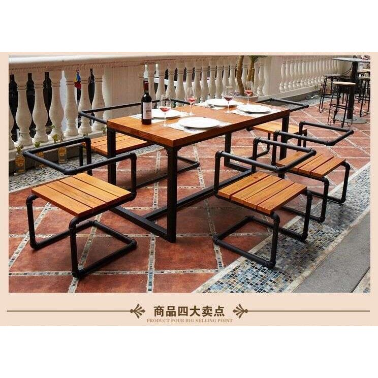 美式复古做旧实木铁艺水管餐桌椅休闲酒吧咖啡厅卡座沙发桌椅组合