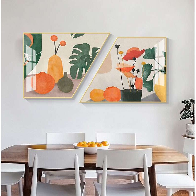 现代简约餐厅装饰画轻奢风饭厅创意梯形餐桌组合挂画花语晶瓷壁画