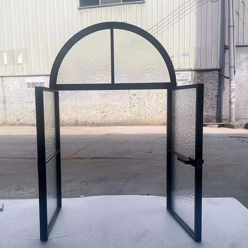 复古法式门仿老钢门圆拱形极简水波纹石纹双方格子铝合金玻璃门