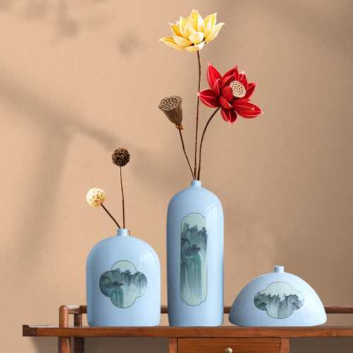 陶瓷器花瓶新中式家居饰品仿真干花客厅玄关插花装饰品摆件