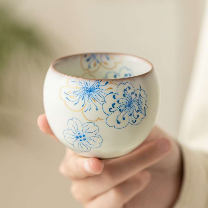 蓝桃花仿宋汝窑罗汉杯小茶杯中式高档主人杯单杯女士高颜值品茗杯