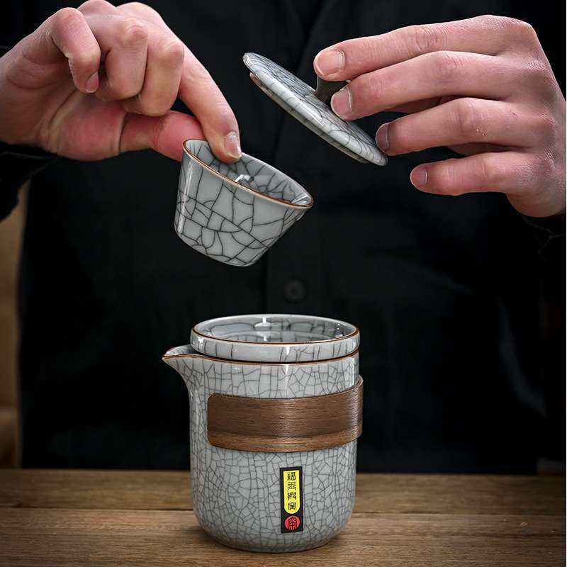 整套便携式哥窑汝窑1壶3杯1罐旅行快客杯陶瓷茶具套装可印公司ogo