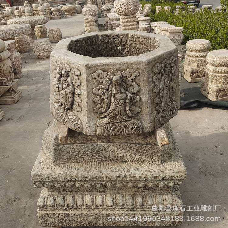 石雕井口汉白玉做旧井圈八仙浮雕图案仿古井台庭院景区装饰摆件