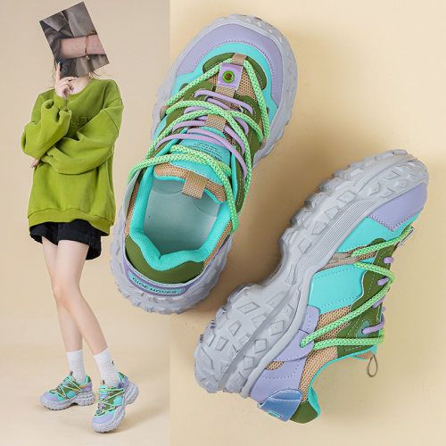 厚底老爹鞋女2026夏季新款真皮网面爆款厚底轮胎底透气运动休闲鞋