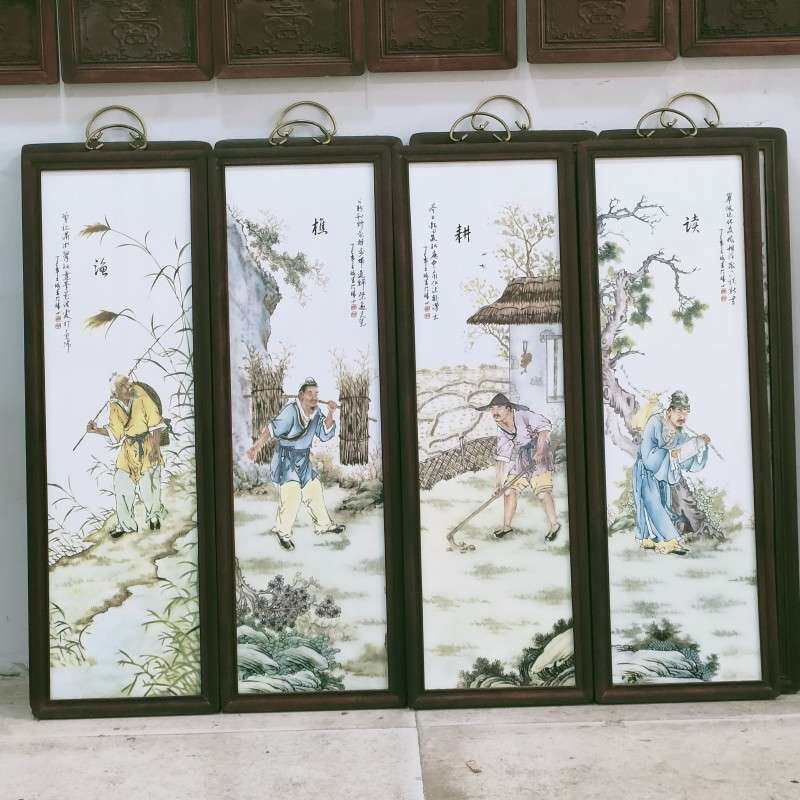 景德镇仿古陶瓷瓷板画四条屏粉彩山水花鸟壁挂画仿古实木框装饰画