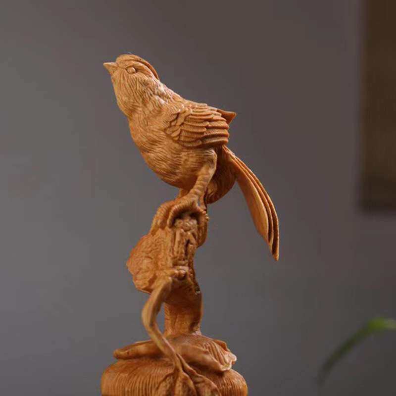 崖柏木雕喜获丰收花鸟摆件 新中式喜鹊登梅喜事连连家居客厅装饰