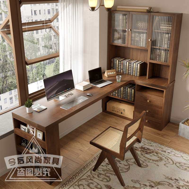纯实木转角式书桌书柜一体l型写字台复古拐角办公桌原木L电脑桌子