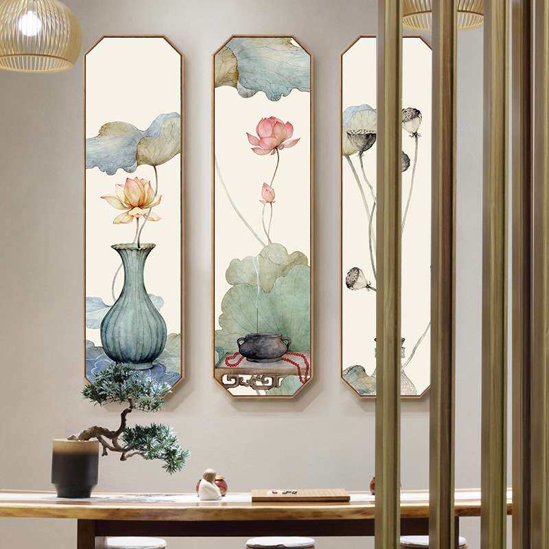 清水出芙蓉新中式玄关装饰画走廊竖版屏中国风茶室荷花挂画四联