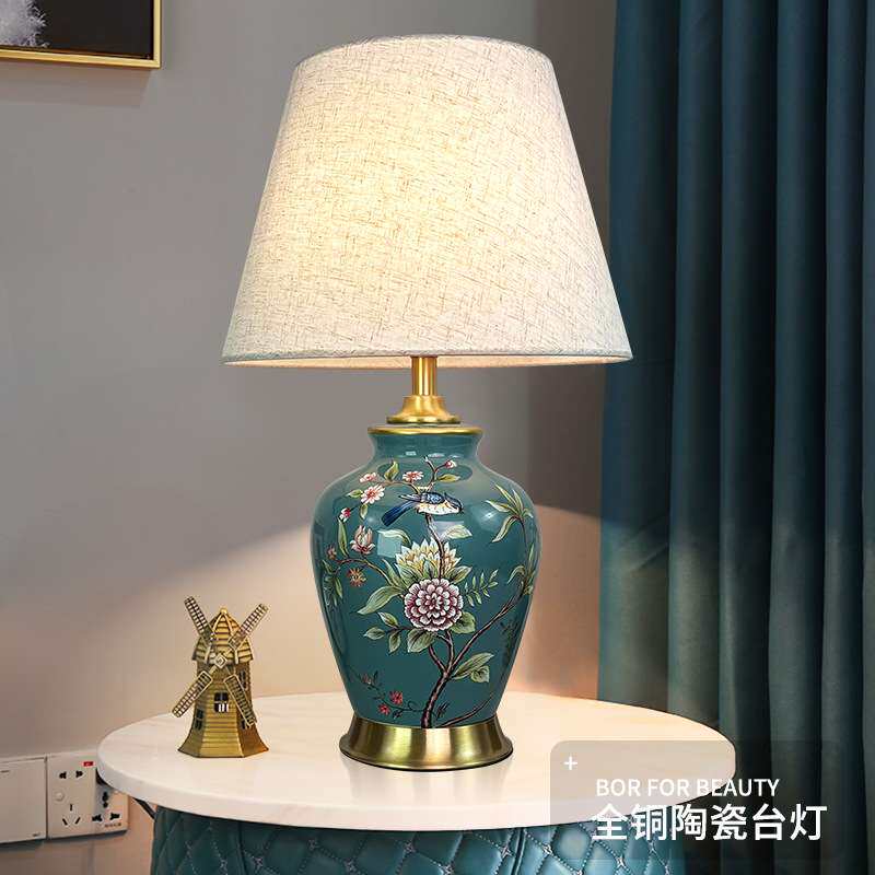 美式乡村陶瓷台灯欧式花鸟客厅卧室书房酒店别墅美式复古全铜大号
