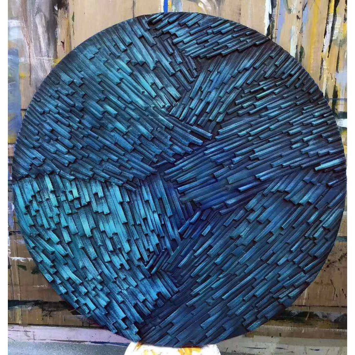 现抽象手绘圆形玄关墙面装饰画木板3d立体浮雕轻奢挂画创意壁饰