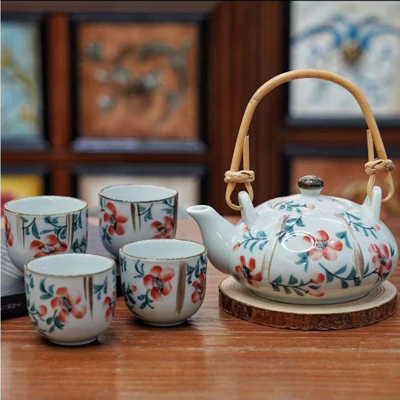手绘简约秋语田园风茶壶茶杯高温陶瓷茶具套装茶具五件套家用商用