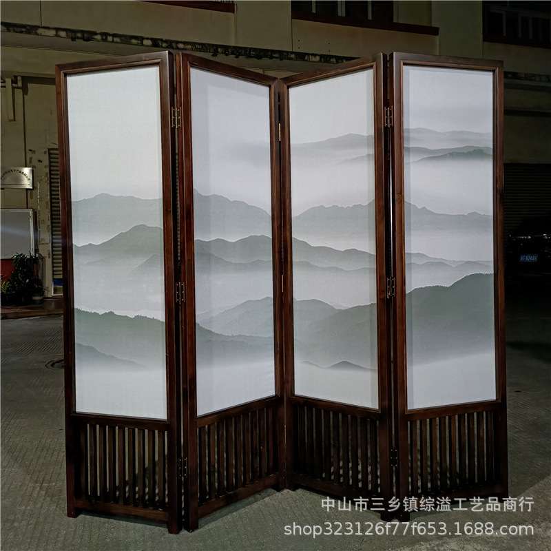 松木边框打印半透明绢画山水屏风厅会议室客厅背景隔断可移动折屏
