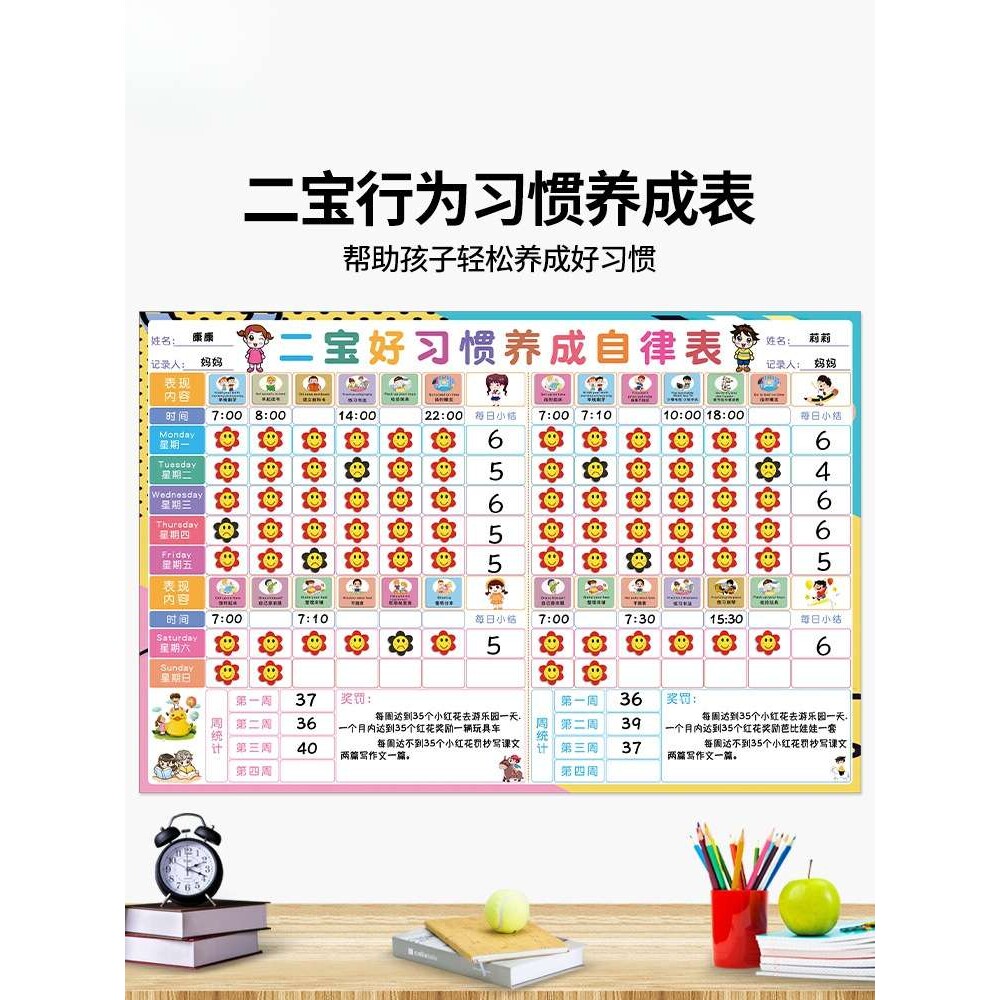 家庭二宝儿童成长自律表家用好习惯养成计划表家庭奖罚贴
