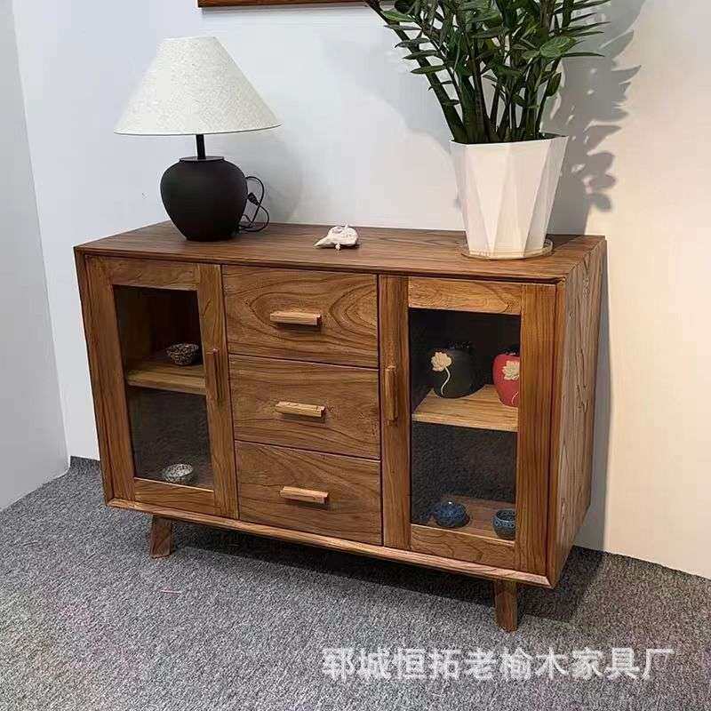 客厅餐边柜现代简约储物柜酒柜实木橱柜收纳置物柜子老榆木矮柜