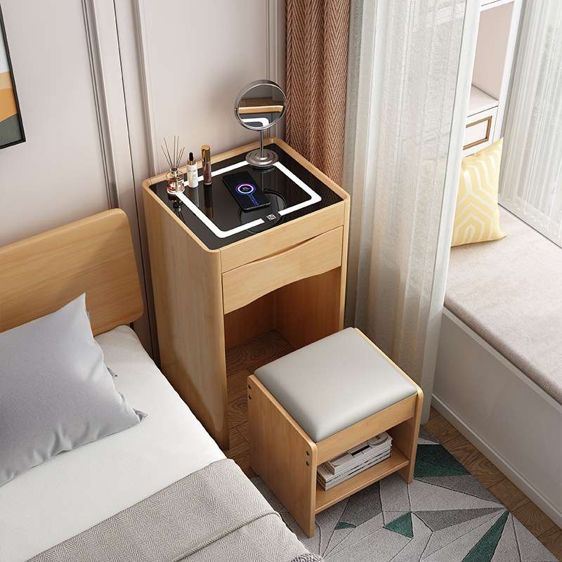 北欧实木梳妆台小户型卧室带手机无线充电多功能床头柜一体梳妆台
