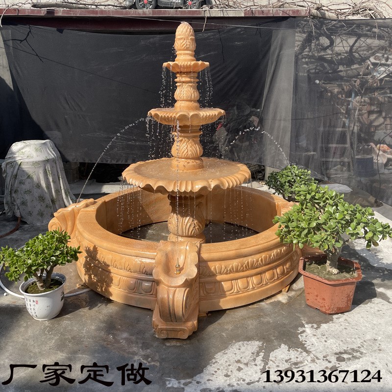 石雕喷泉石材风水m球流水晚霞红欧式庭院欧式园林水钵石盆景观摆
