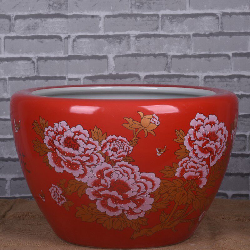 陶瓷工艺品批发中国红金色牡丹花陶瓷大号鱼缸高温颜色釉养鱼缸