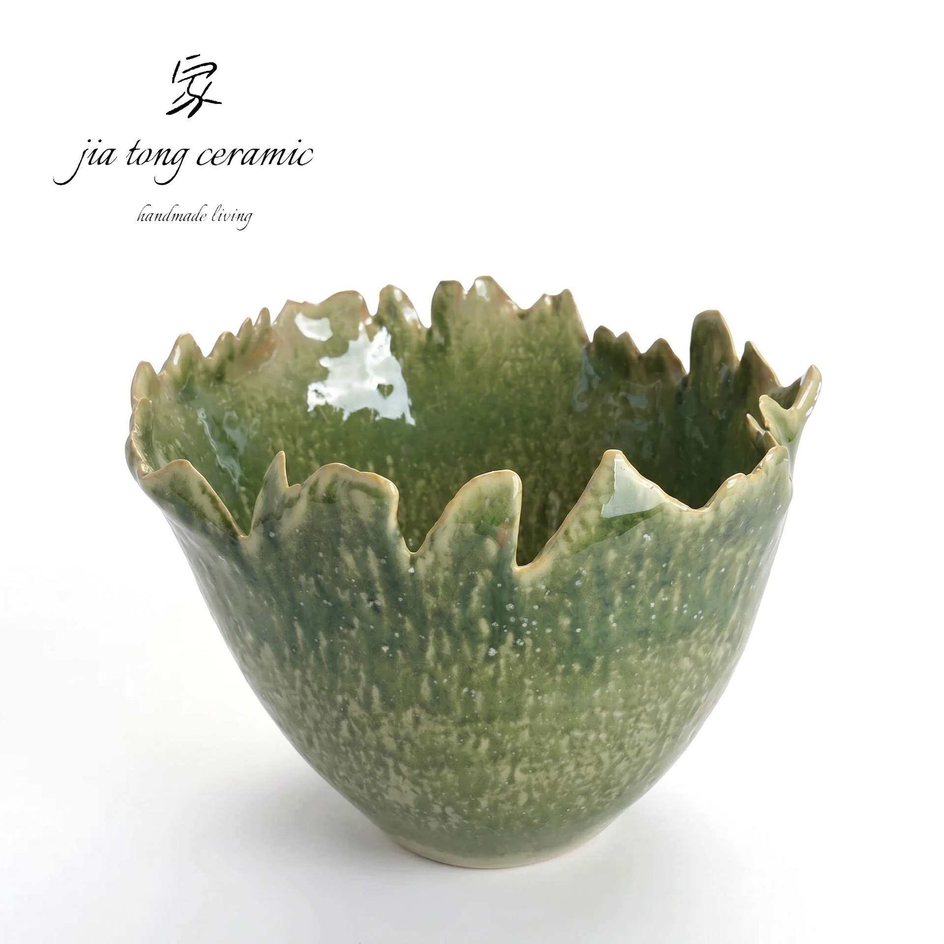 景德镇陶瓷花边碗手工制作绿色窑变釉精品陶瓷工艺品