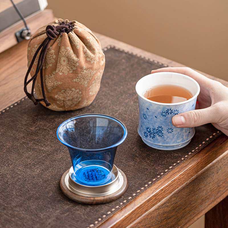 洒蓝雏菊旅行茶具一人饮茶杯小清新陶瓷快客杯户外便携露营泡茶杯