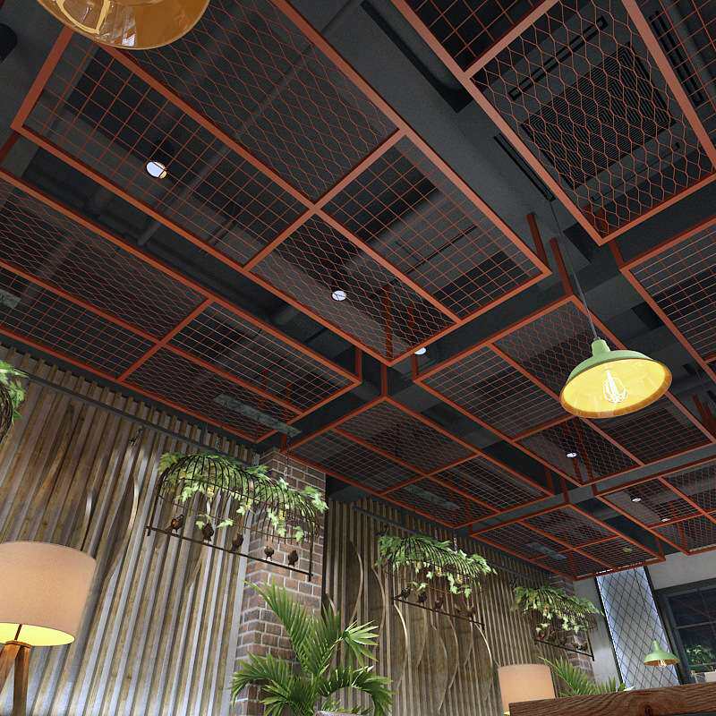 个性铁艺吊顶酒吧烧烤店餐厅菱形网隔断墙面创意背景装饰铁网屏风