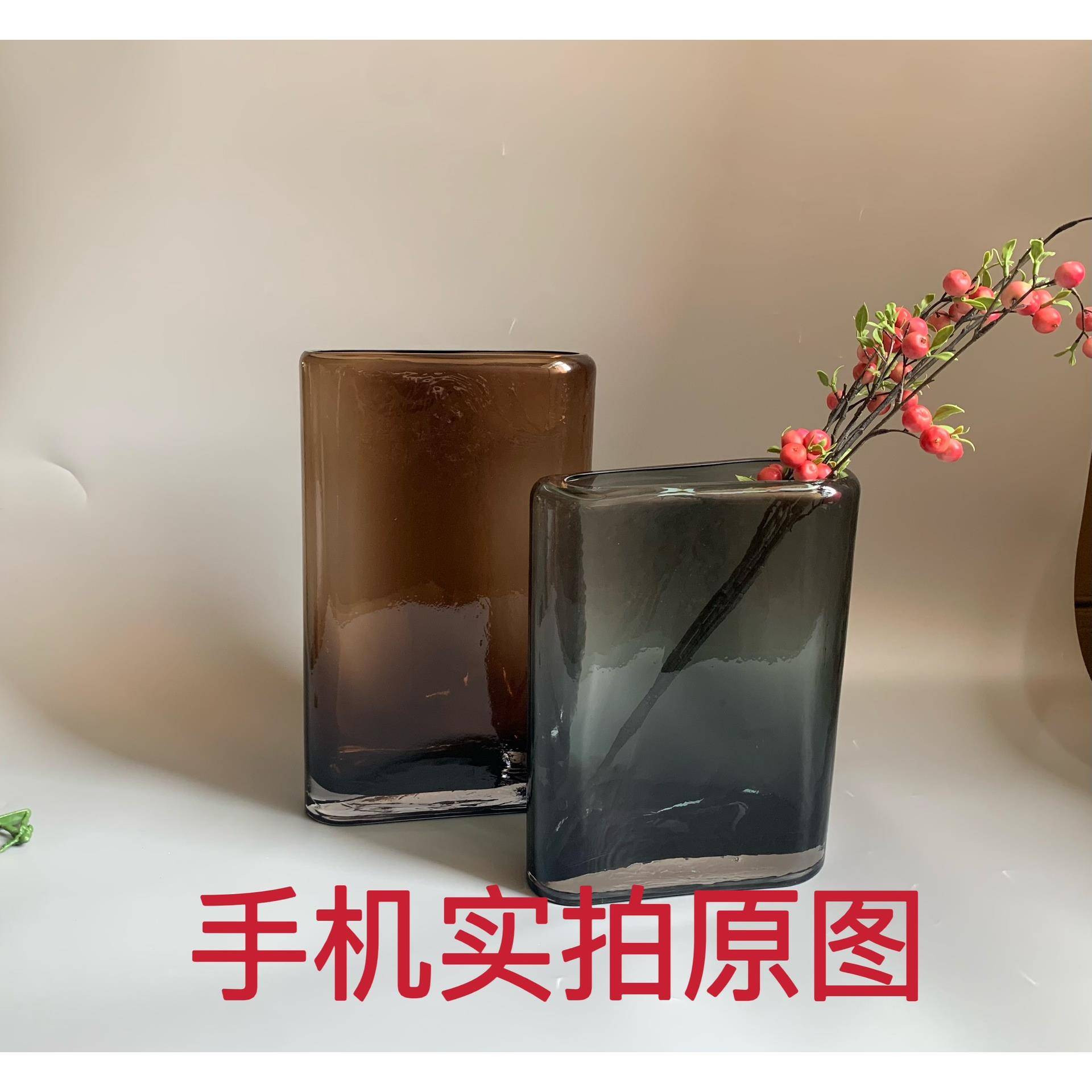 现代简约大口径琉璃花器咖色水培花瓶客厅卧室插花装饰品摆件